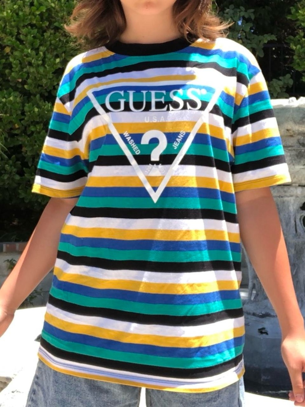 GUESS Striped Logo Tee - Blue/Green/Yellow